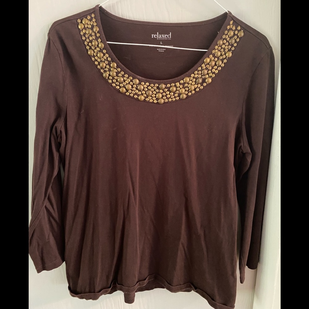 Women’s Charter Club Large brown shirt with beads around neck. Soft